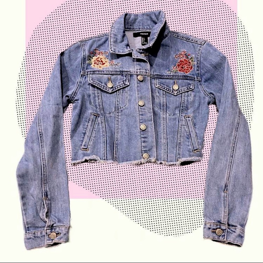 Forever 21 Cropped Embroidered Denim Jacket